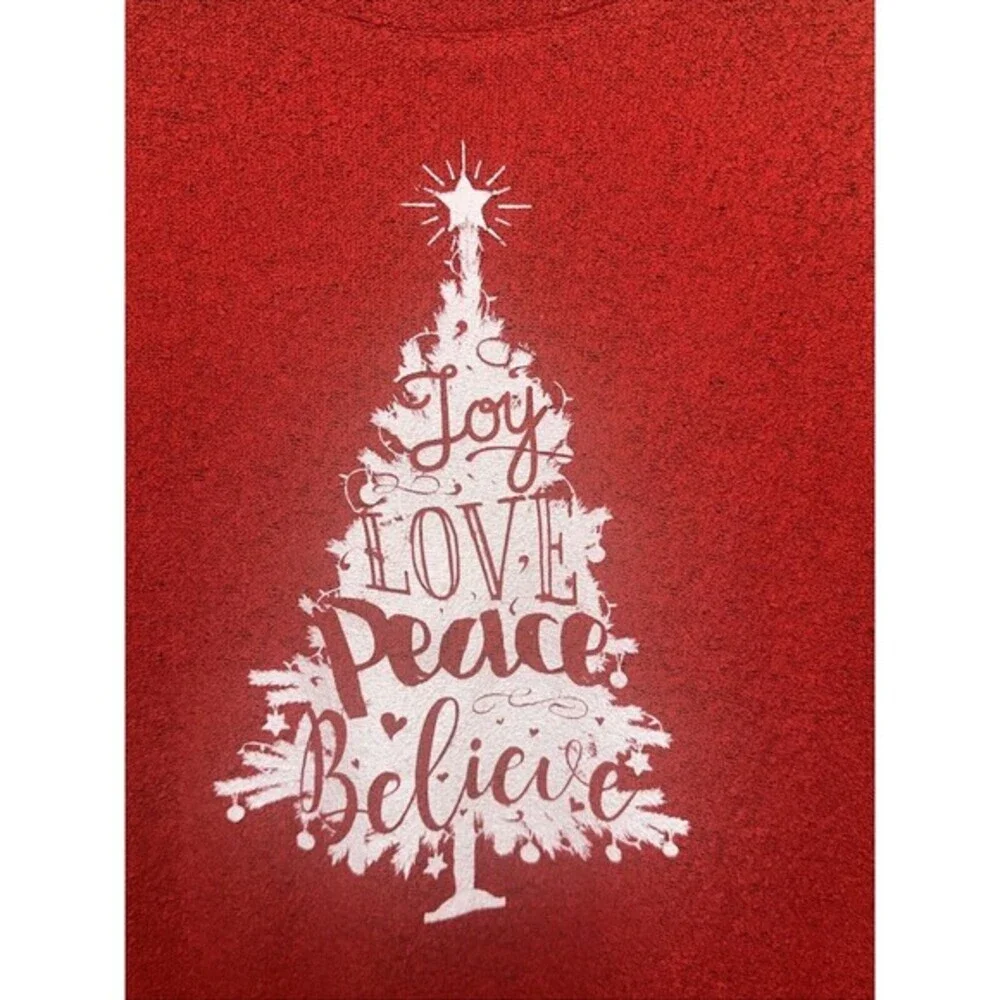 Comfy Terry Christmas Pullover Red Joy Love Peace Believe‎ Holiday Top